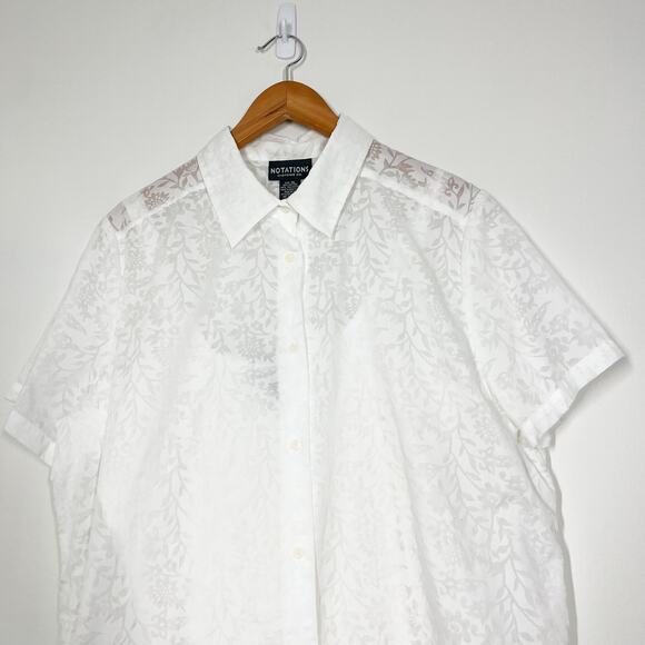 Vintage NOTATIONS Cotton 2 Pcs Button Up Top White Floral Print Sheer Sz XL - Picture 3 of 9